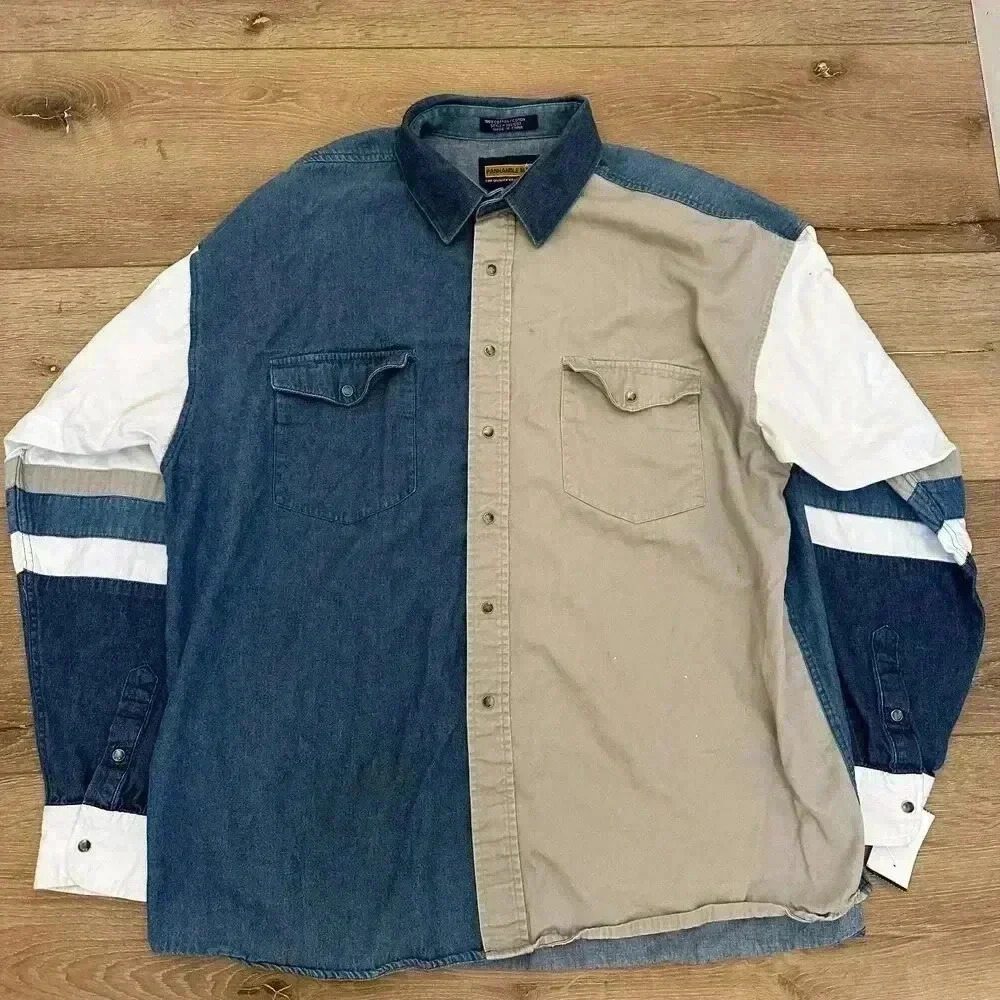 Vintage Colorblock Denim Button-Up Shirt – Unique Two-Tone Patchwork Design